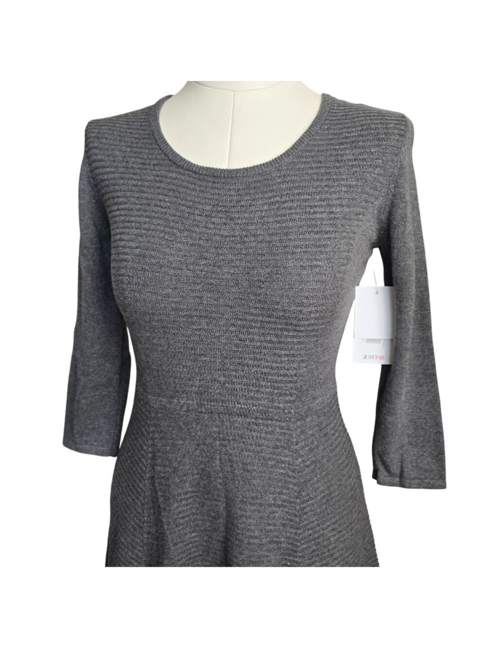 Justfab Gray Ribbed Knit Skater Dress With 3/4 Sleeves Womens Small JJ3870